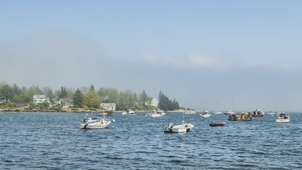 Boats in Muscongus Bay, Maine, ME, USA
