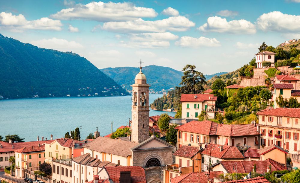 Moltrasio town on Lake Como with S. Agata church, Province of Como, Lombardy region, Italy, Europe
