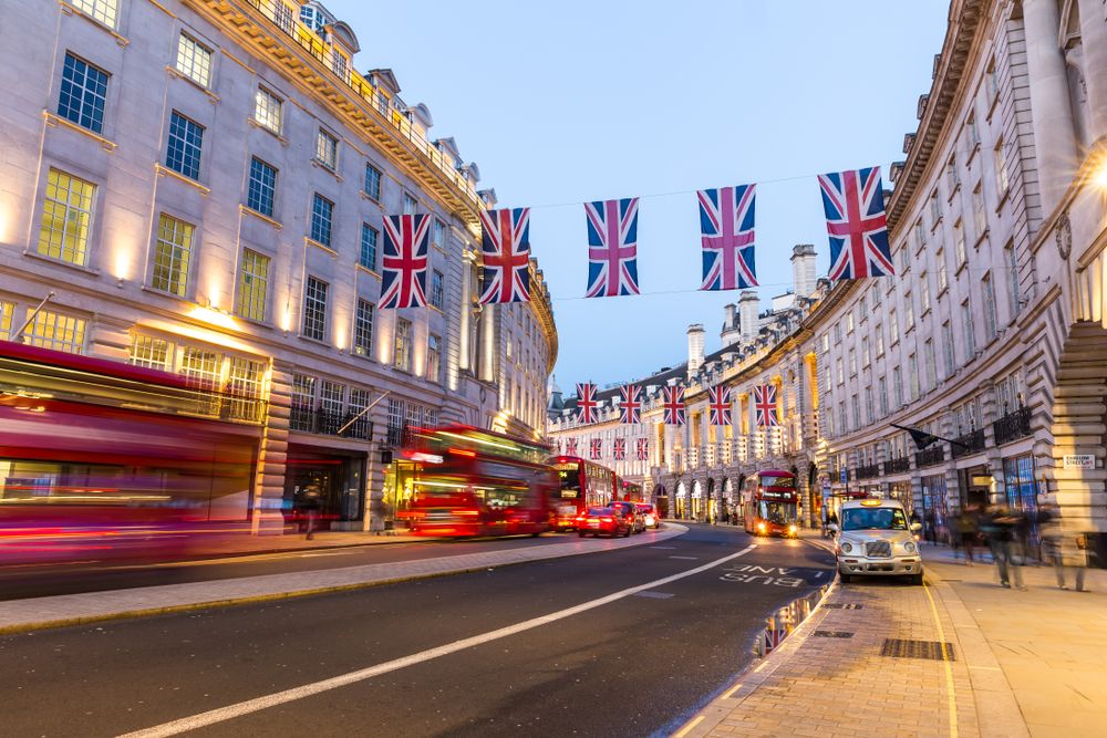 Regent Street in London at night, UK