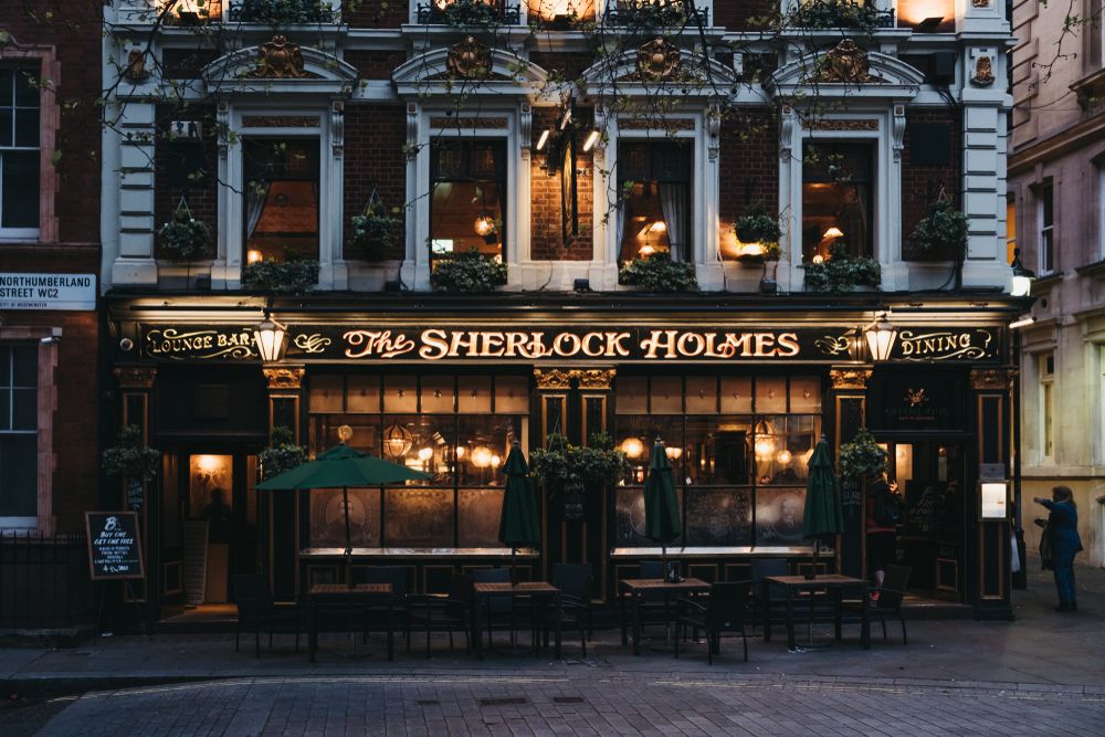Facade of the Sherlock Holmes Pub in London, England, UK