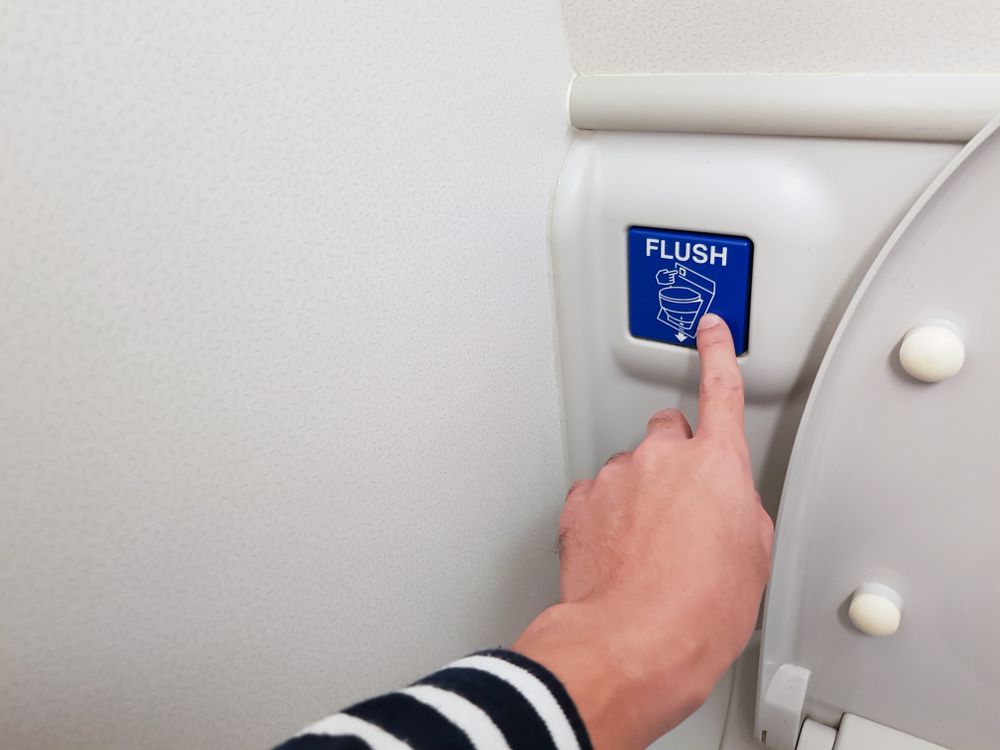 An airplane toilet's flush button in the bathroom