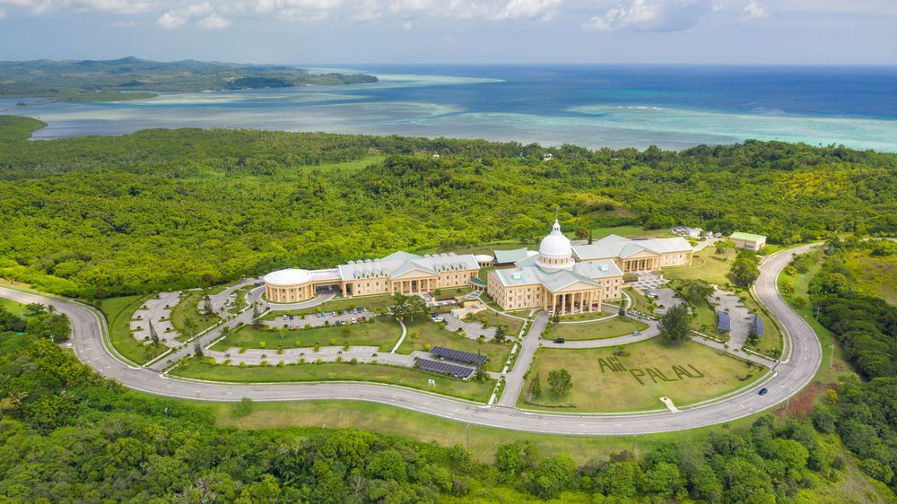 Aerial view of the National Capitol Building in Ngerulmud, Palau, Western Pacific