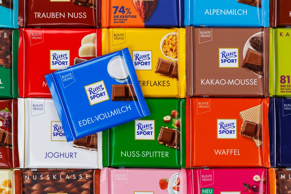 Ritter Sport chocolate varieties in Stuttgart, Germany