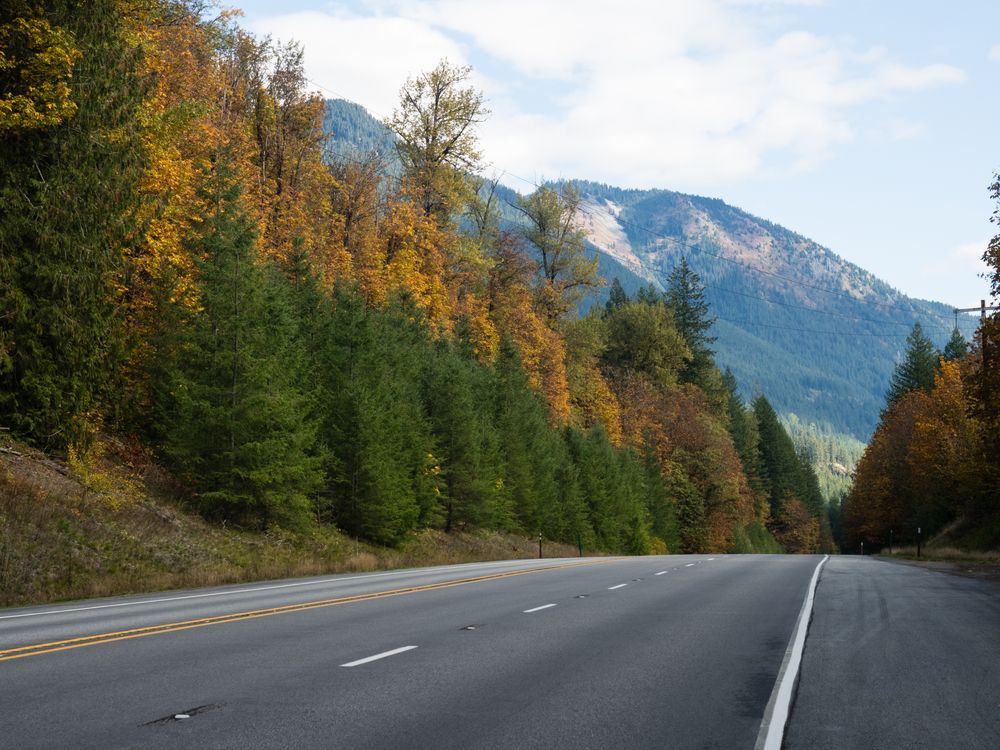 U.S. Route 2 Highway in autumn (part of Cascade Loop Scenic Drive) 