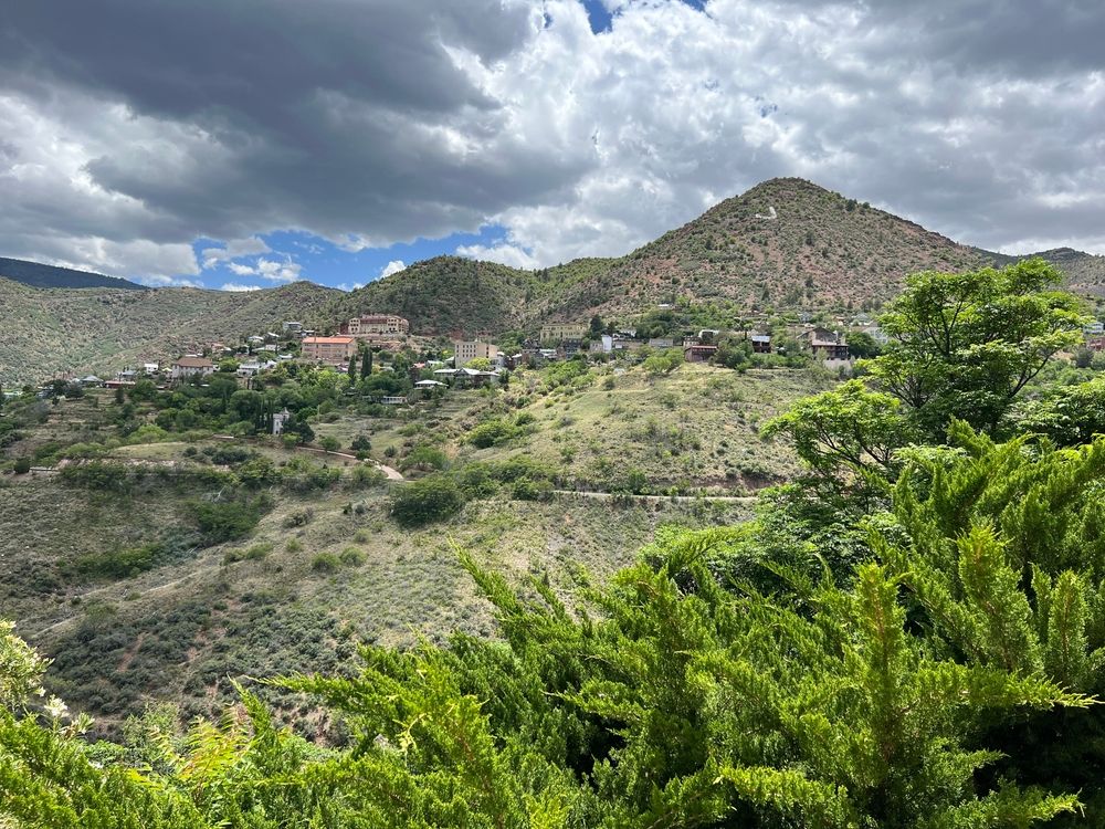 View of Jerome, Arizona on the hillside in the distance from the Jerome State Historic Park