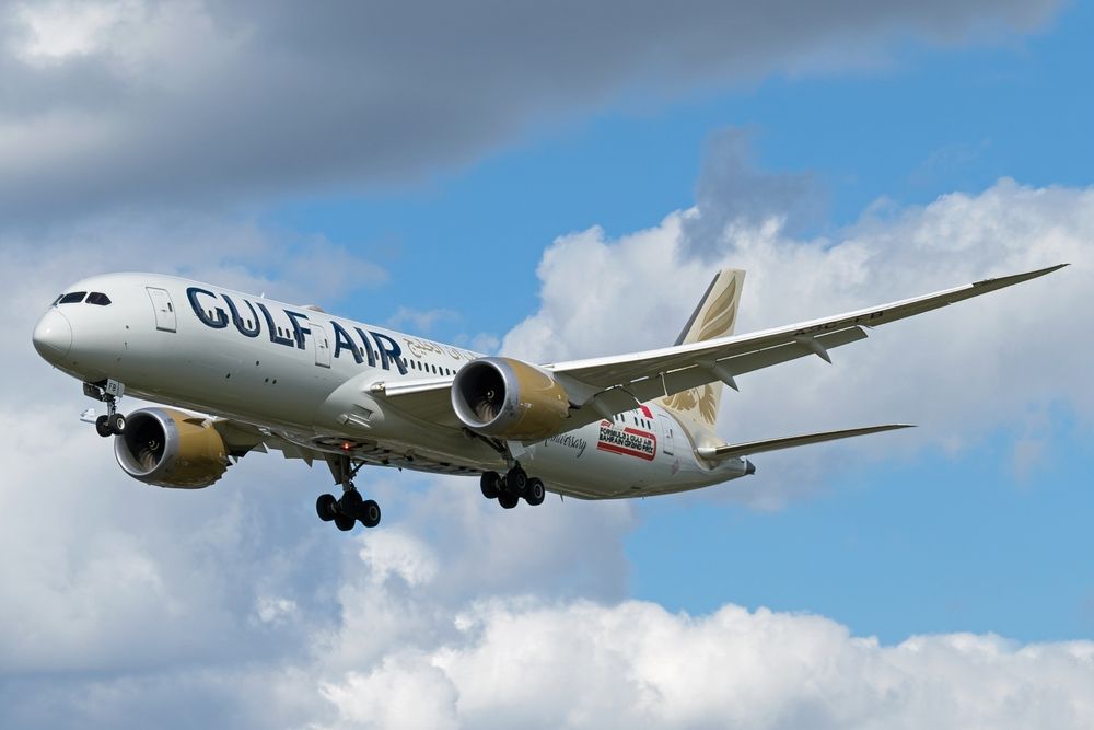 Gulf Air Boeing 787-9 Dreamliner plane landing at London's Heathrow Airport.
