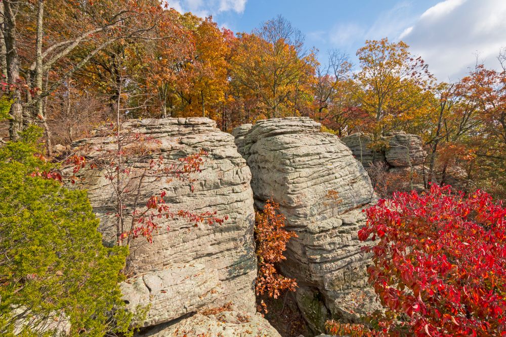 A Rocky Bluff Nestled in the Fall Forest on Indian Point in Garden of the Gods in Shawnee National Forest in Southern Illinois