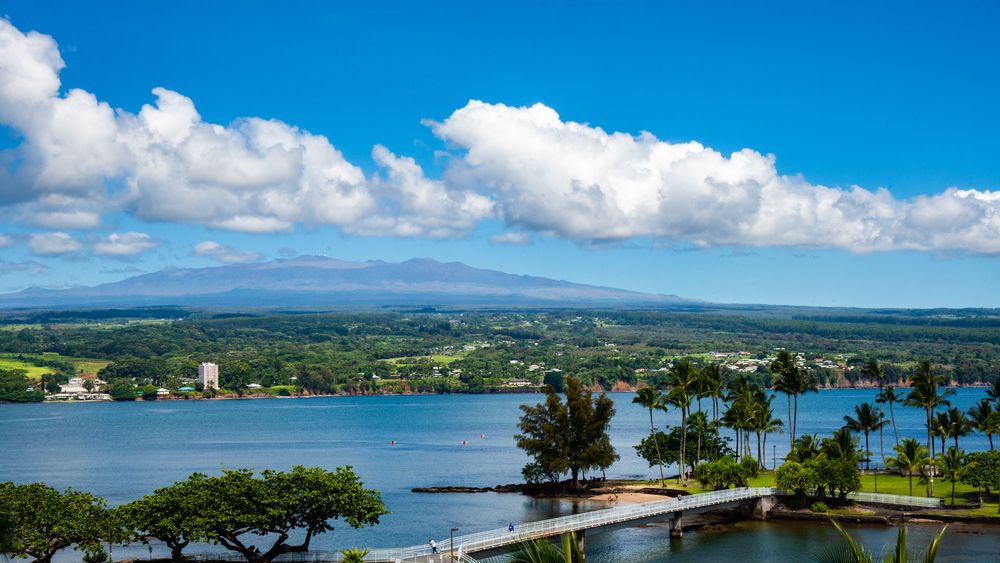 A view of Hilo, Hawaii and Mauna Kea on a clear day
