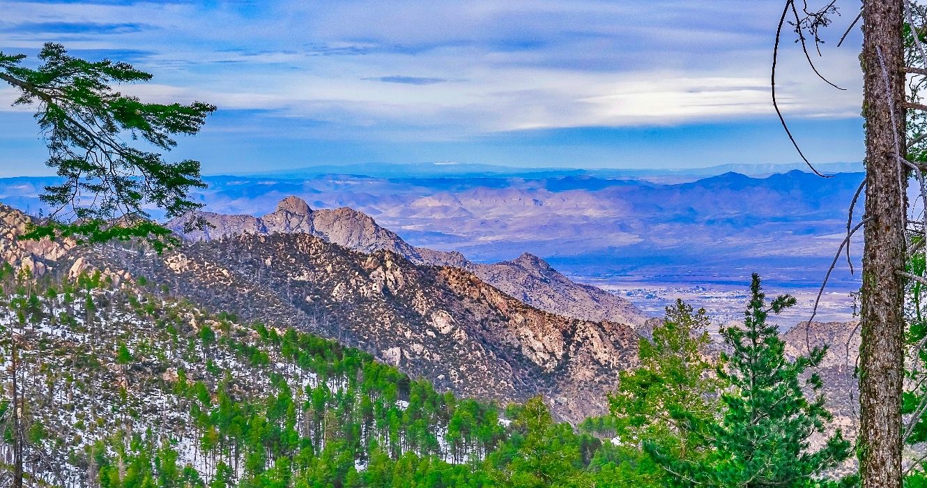 The ridges of Mount Graham looking down on Safford, Arizona from Ladybug Peak.