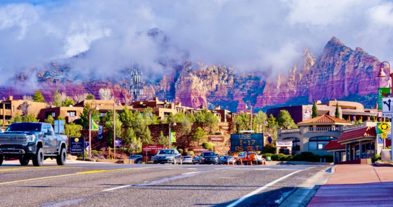 Downtown Sedona with mountains in the background.