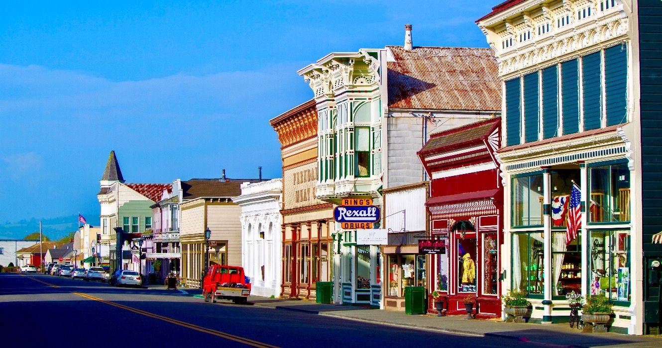 Storefronts line Main Street in the historic Victorian Village of Ferndale.