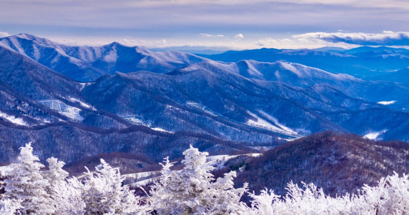 A sweeping view of the snow-covered Blue Ridge Mountains, Tennessee 