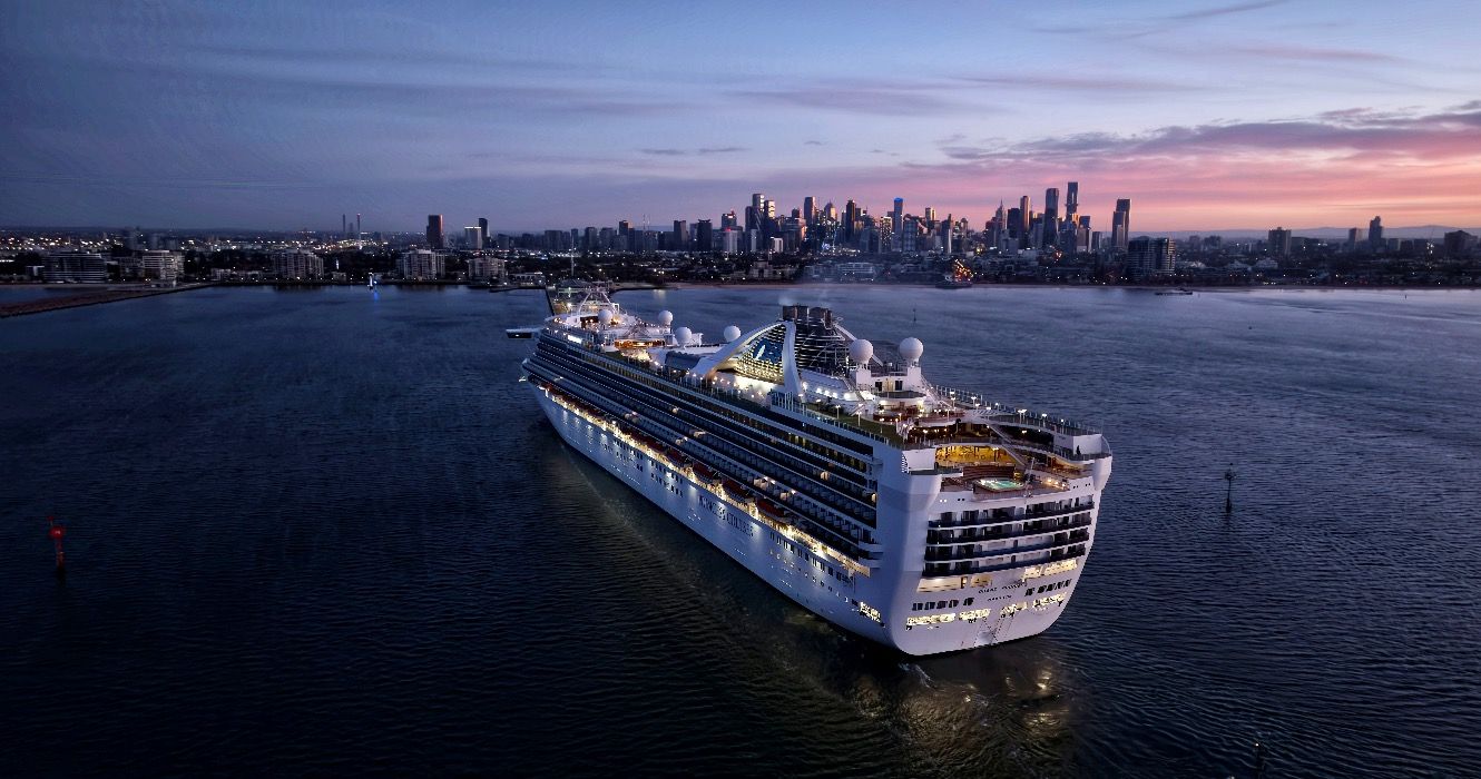 The Grand Princess cruise ship arriving in Melbourne at sunrise