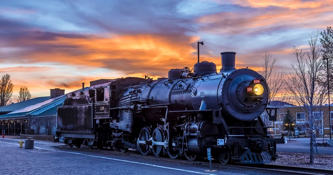 The train to the Grand Canyon waiting at Williams Station, Arizona at sunset
