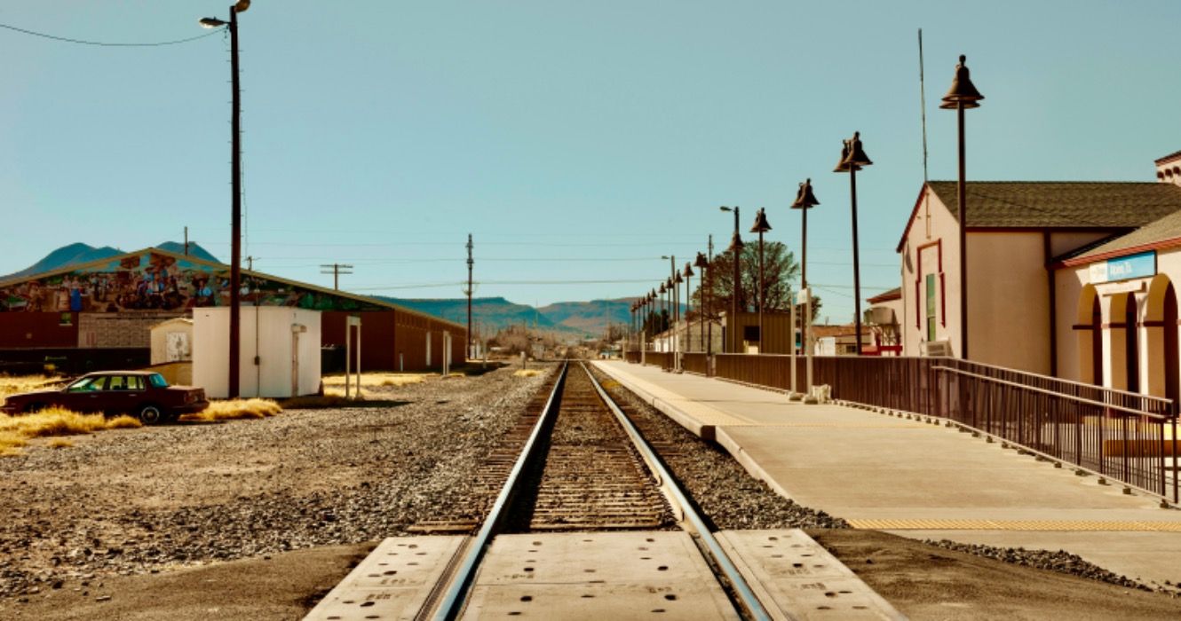 Railway lines lead west out of town in Marathon Texas