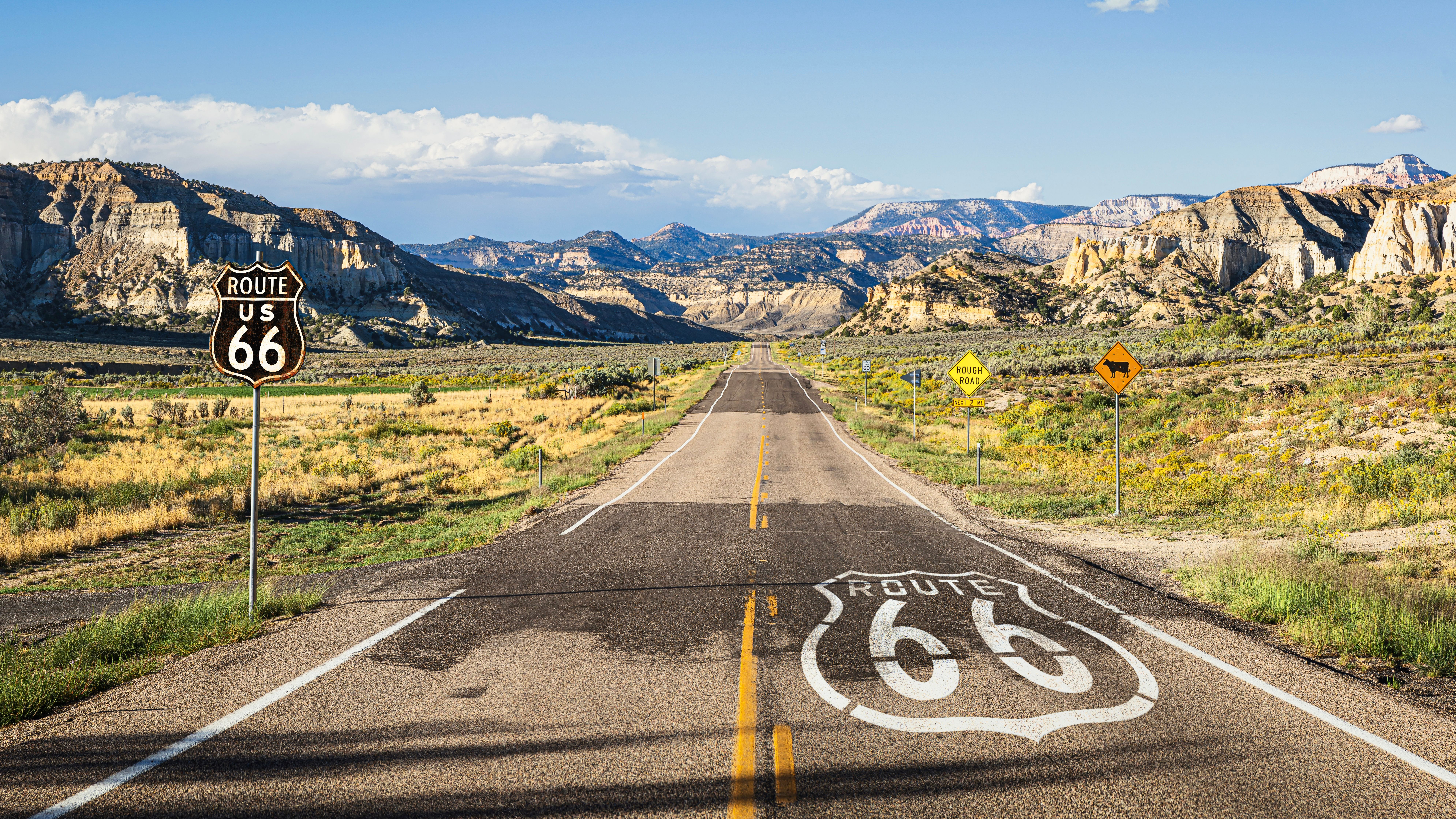 Scenic panoramic view of long straight road on famous Route 66