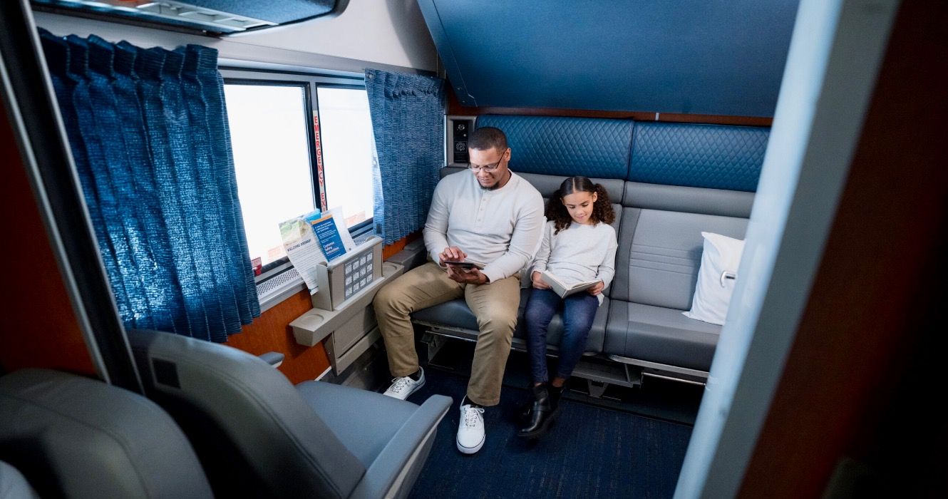 Passengers seated on Amtrak train
