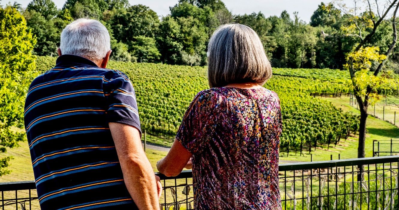 Elderly couple overlooking a vineyard in Virginia, USA