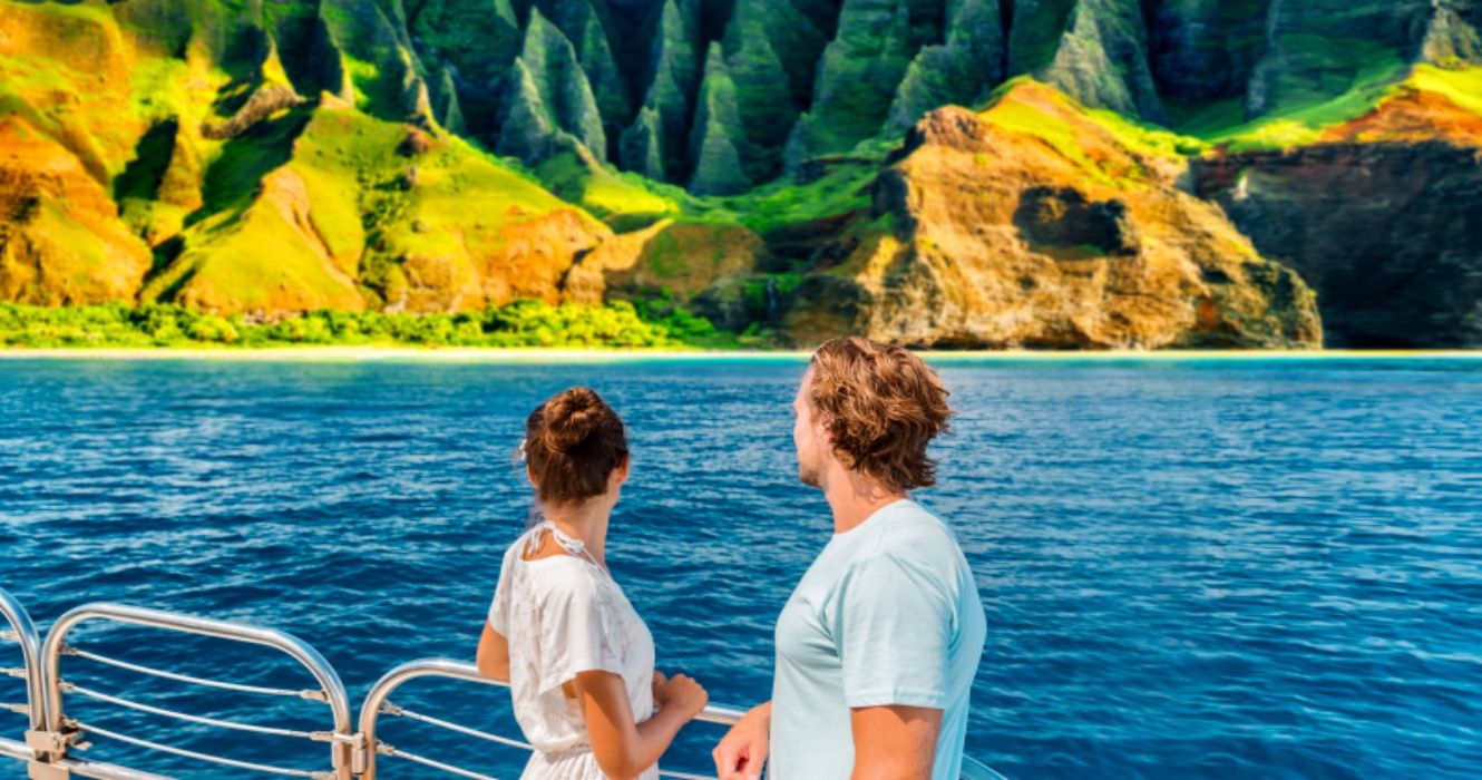 Hawaii Kauai Na Pali coast landscape scenic cruise. 