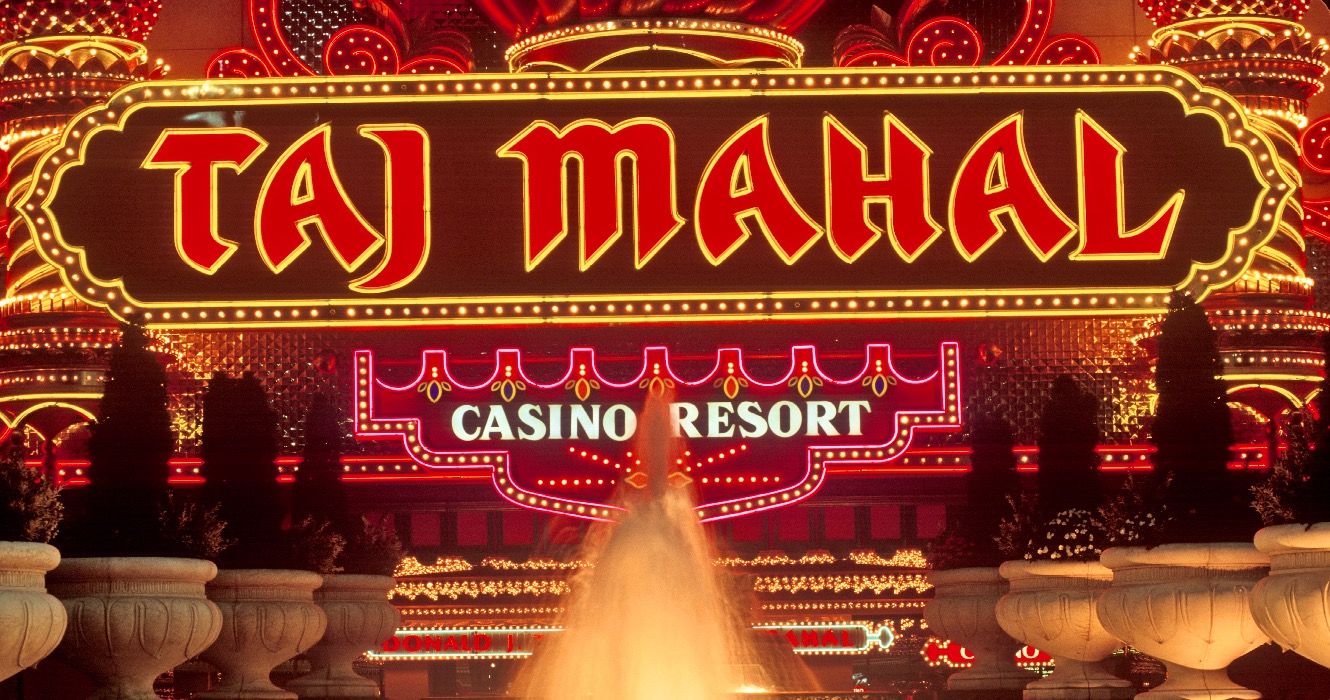 Neon sign outside of Donald Trump's Taj Mahal Casino in Atlantic City, NJ