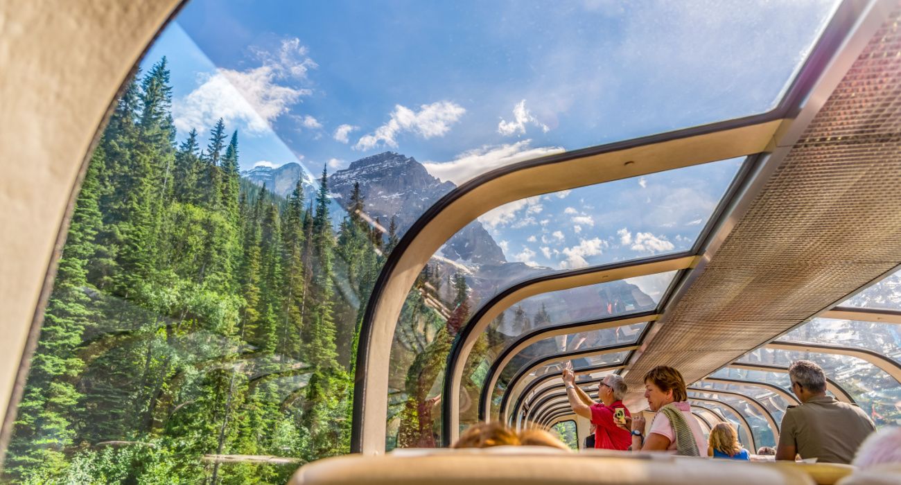 Rocky Mountaineer train traveling through the Rocky Mountains