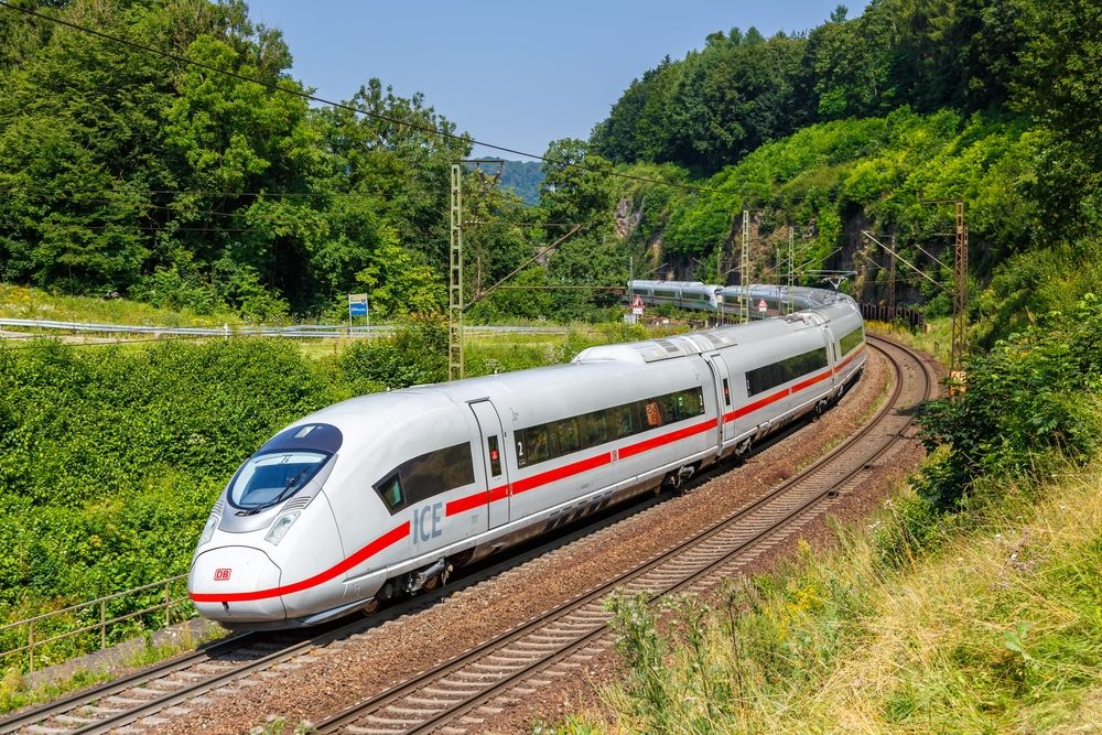DB ICE 3 high-speed train of Deutsche Bahn on Geislinger Steige near Amstetten, Germany
