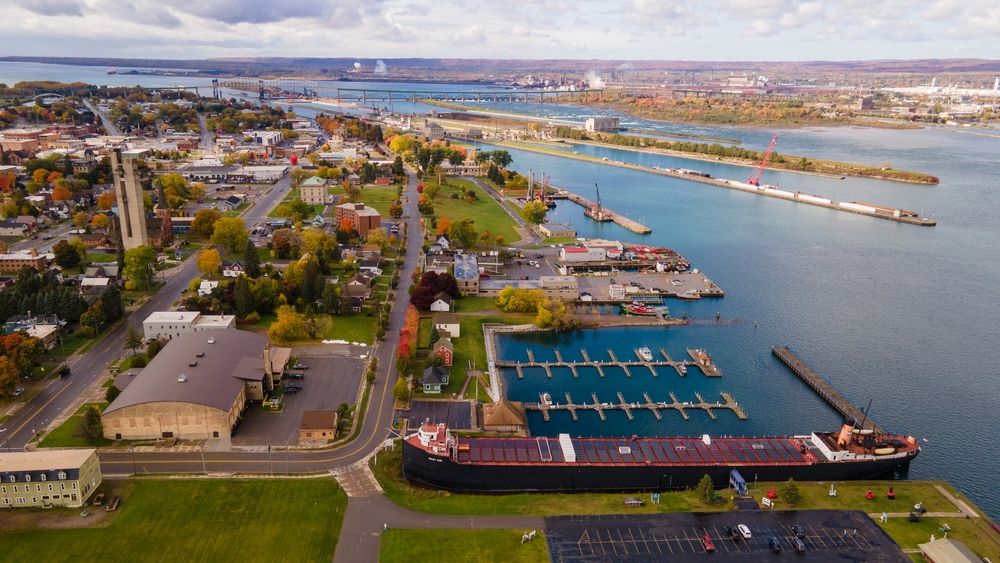 This aerial photo of the Soo Locks in Sault Ste Marie, Michigan