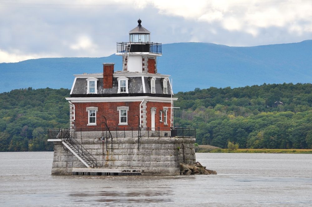 Hudson-Athens Lighthouse viewed from the Hudson River in Hudson town, NY, New York, USA