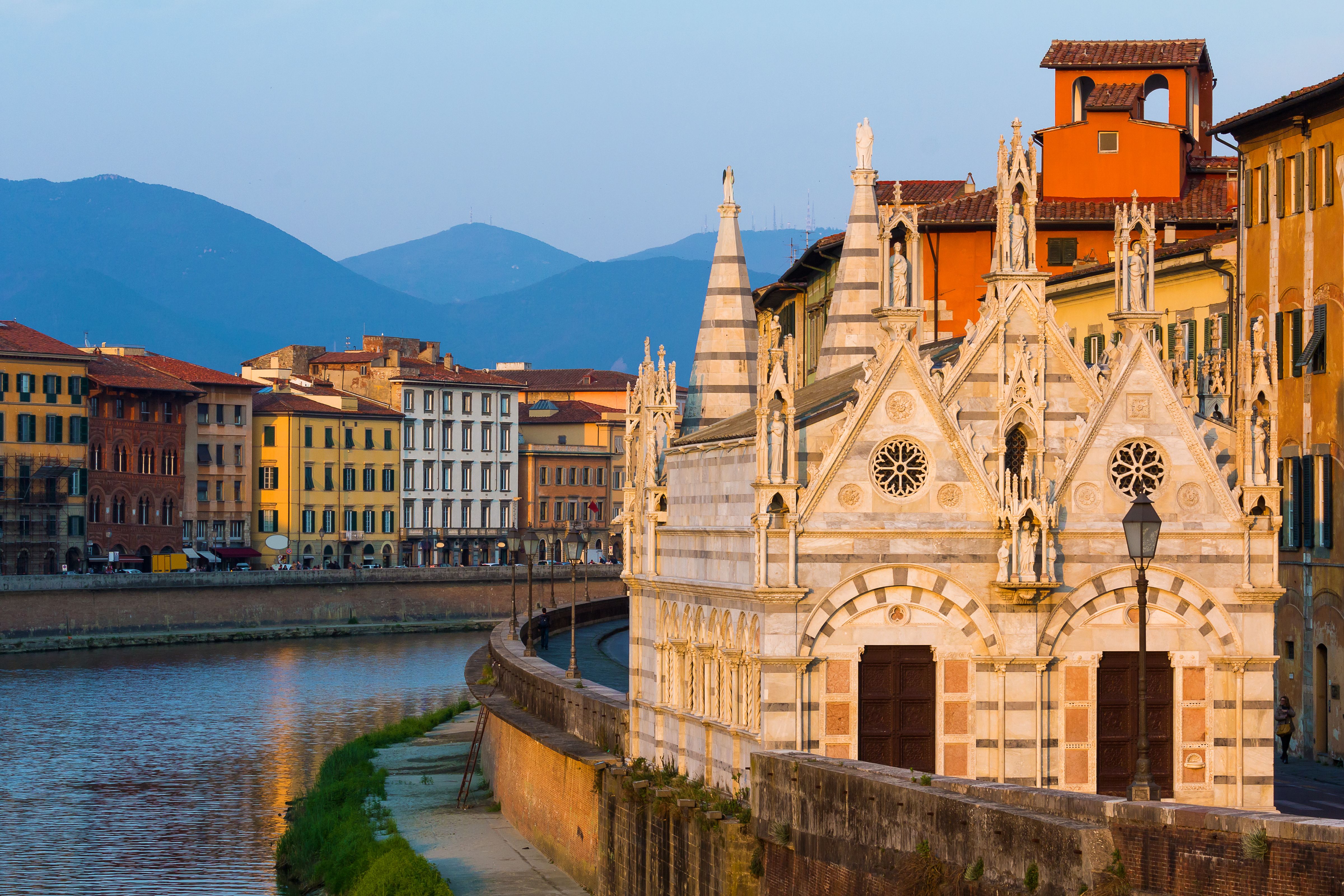 Pisa, Italy, night landscape with river