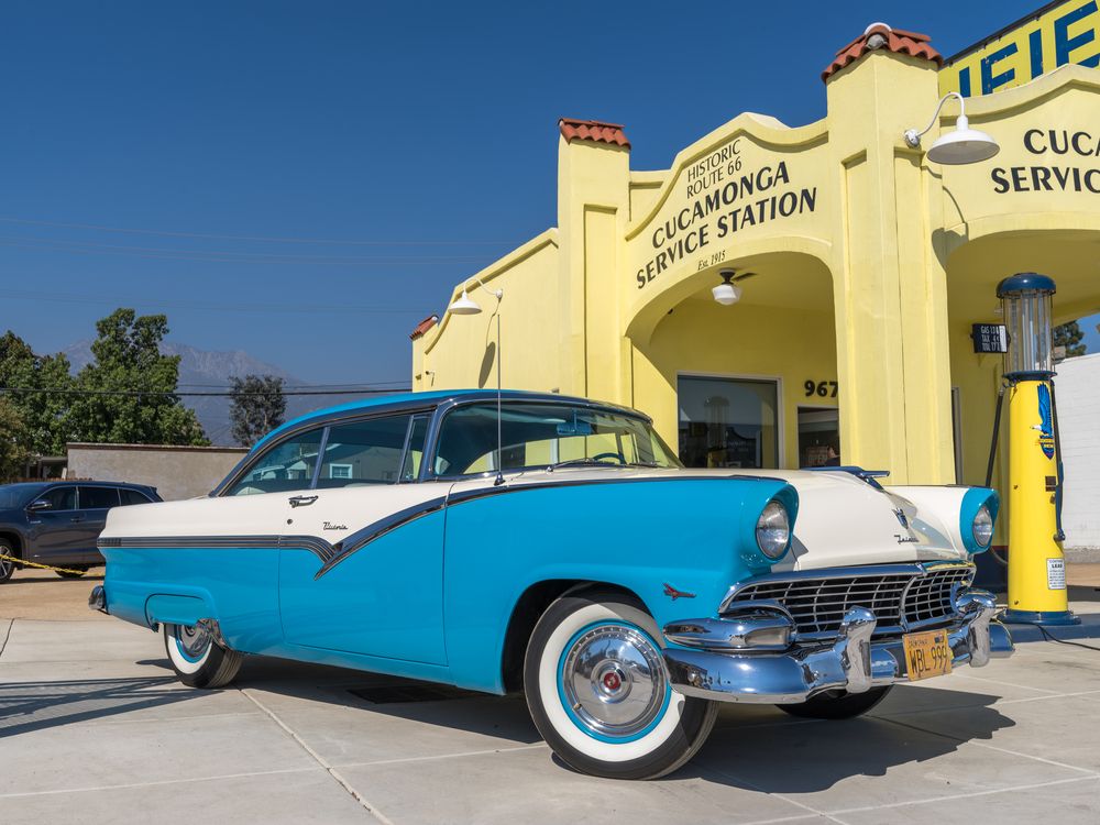 Classic 1956 Ford Fairlane Victoria at Cucamonga Service Station, California