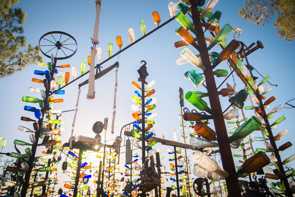 Art installation with collected beer bottle at Elmer's Bottle Tree Ranch, San Bernardino, California