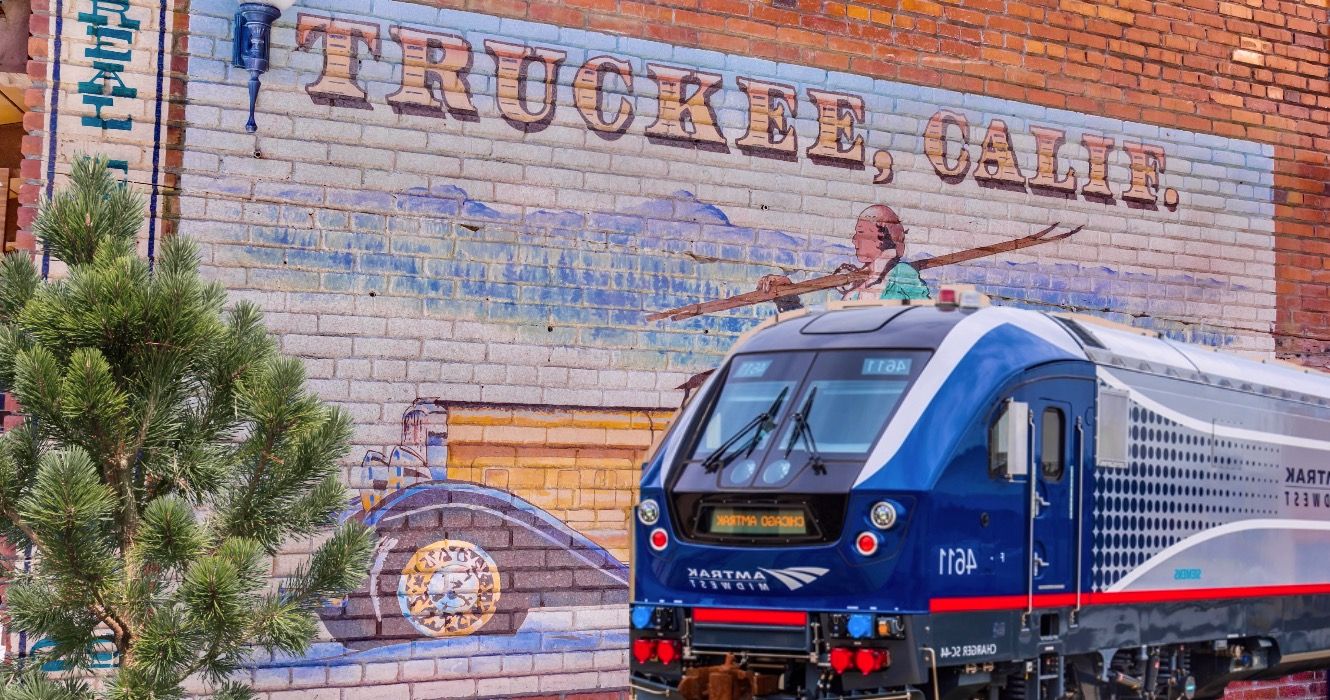 Amtrak train pulling into Truckee, California