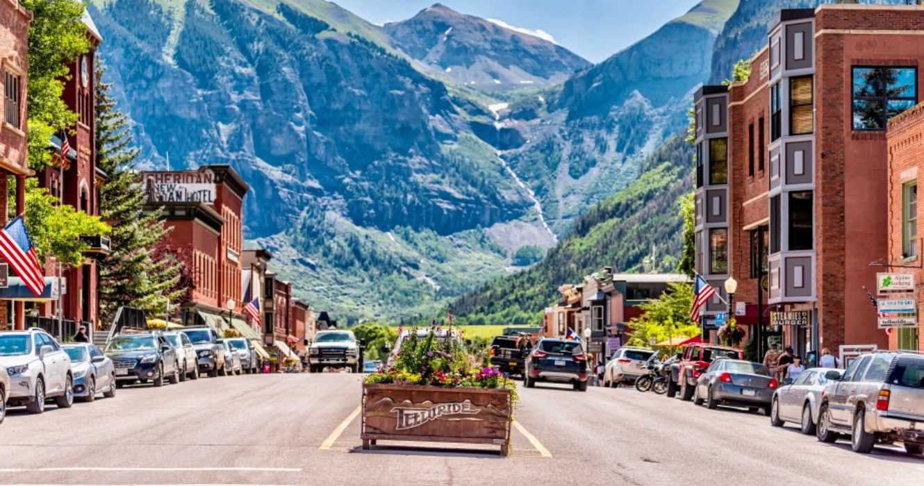 Telluride, USA, downtown overlooking mountains 