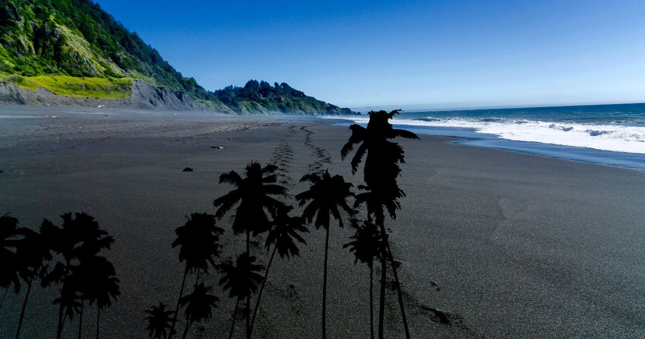Footsteps in the black sand of the Lost Coast backpacking trail in California