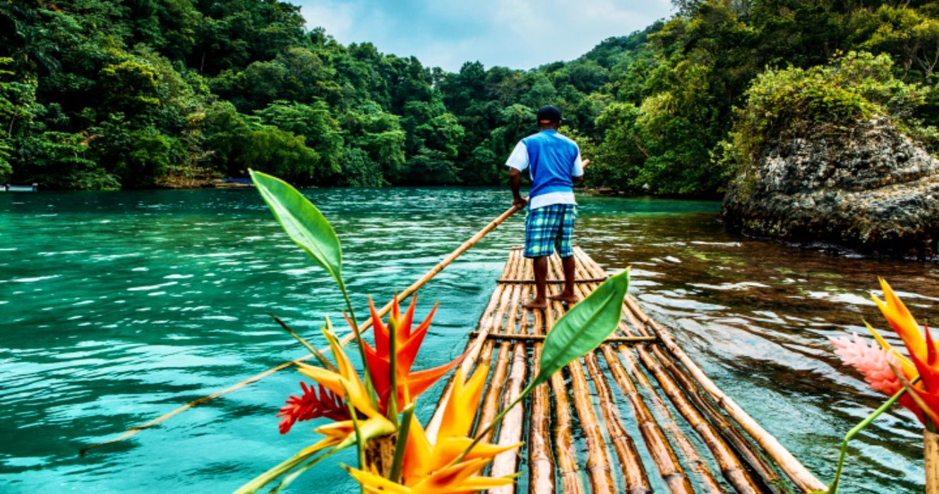 Bamboo ride in blue lagoon on Jamaica