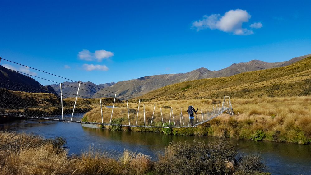 Hiker crossing a suspension bridge on the Te Araroa Trail, New Zealand 