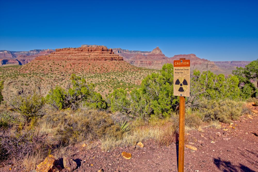 A warning sign for radioactivity from an abandoned Uranium Mine in the area of Horseshoe Mesa at the Grand Canyon