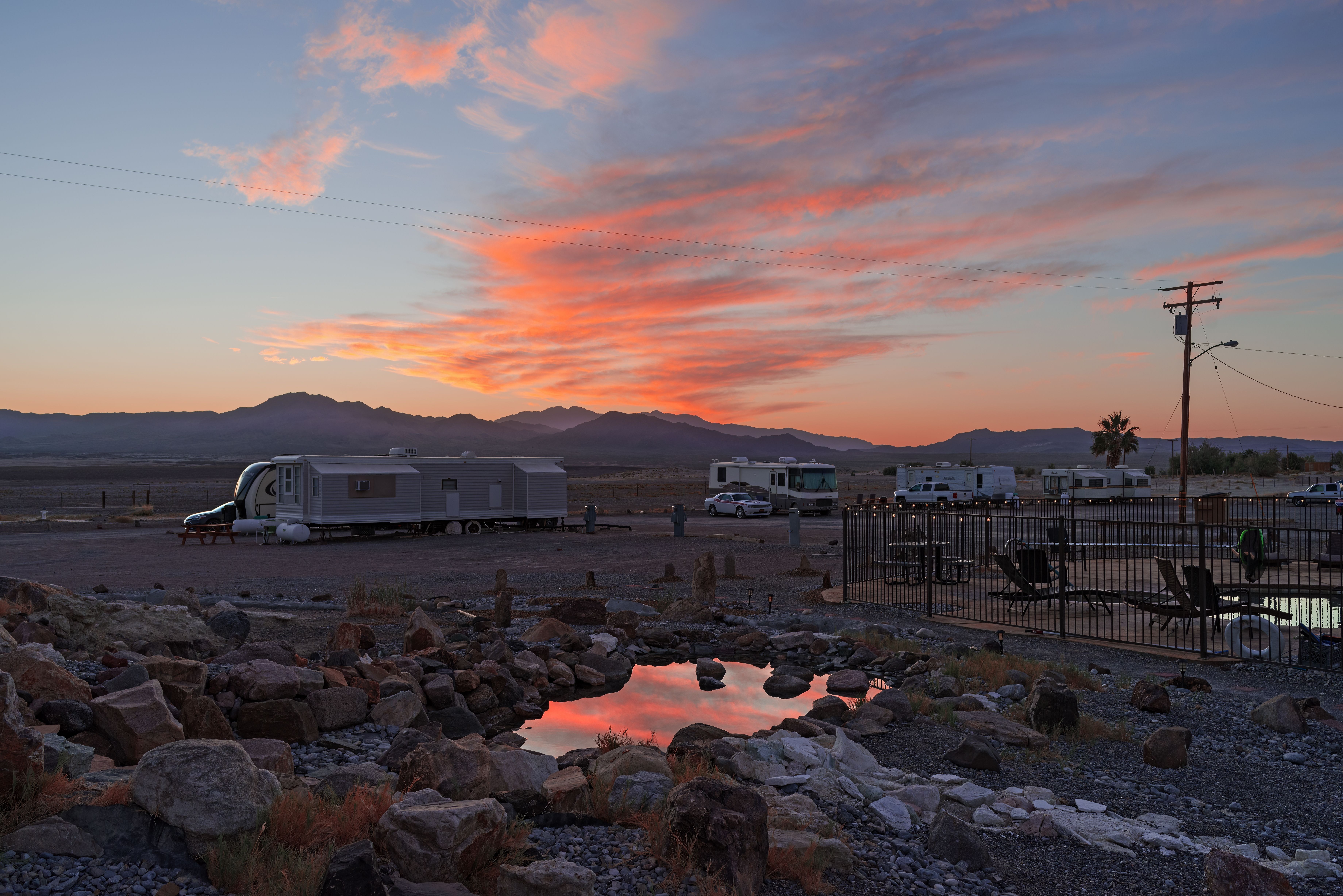 Hotsprings shown at dawn in the town of Tecopa, Mojave Desert, California, USA