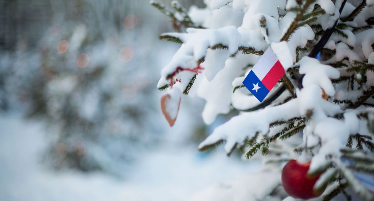 Texas state flag in a snow-covered Christmas tree