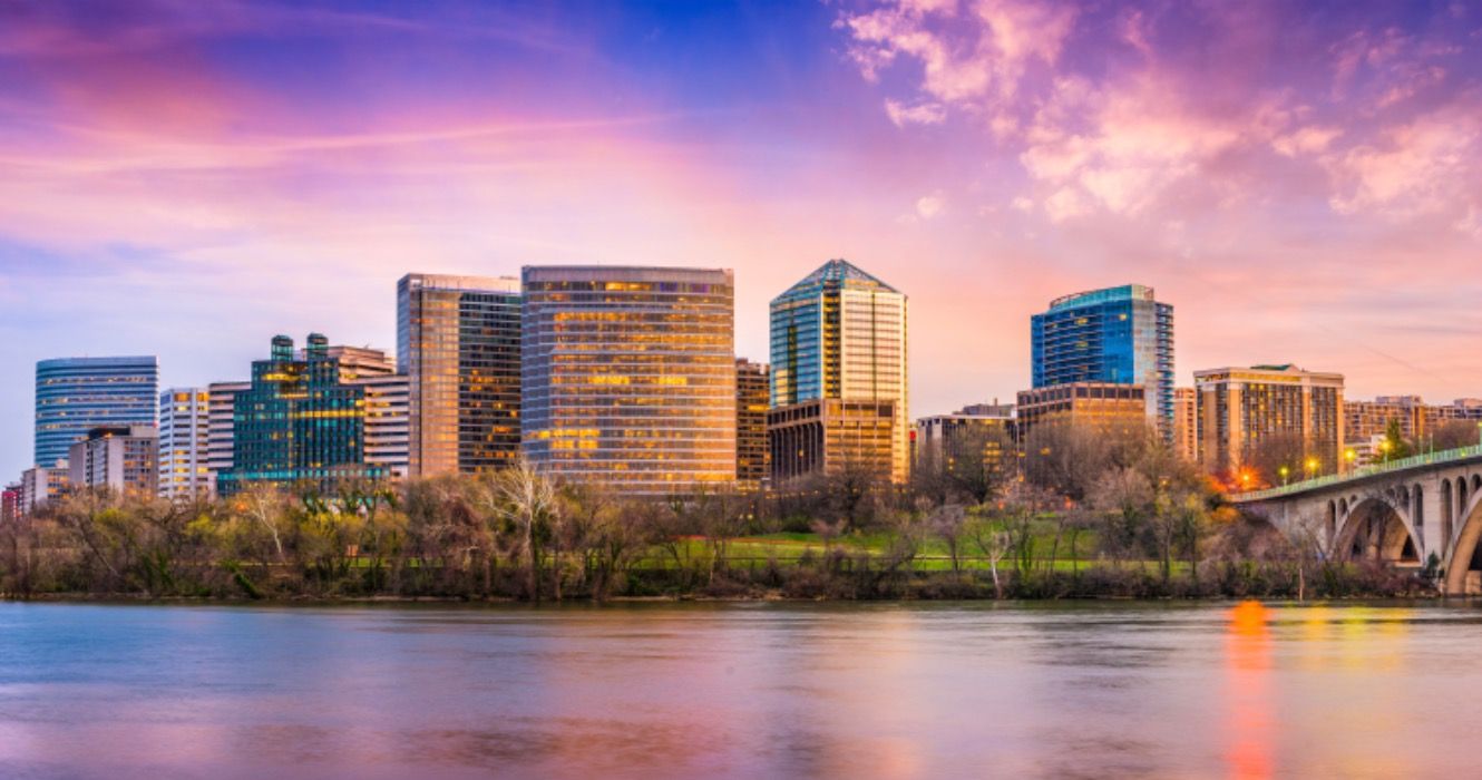 Rosslyn, Arlington, Virginia, USA skyline on the Potomac River.