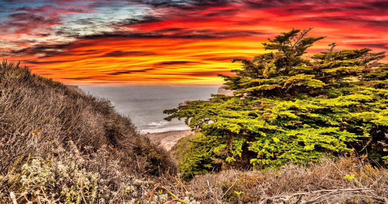 Beautiful sunset skies along Bluff Trail at Montaña de Oro state park in Los Osos, California