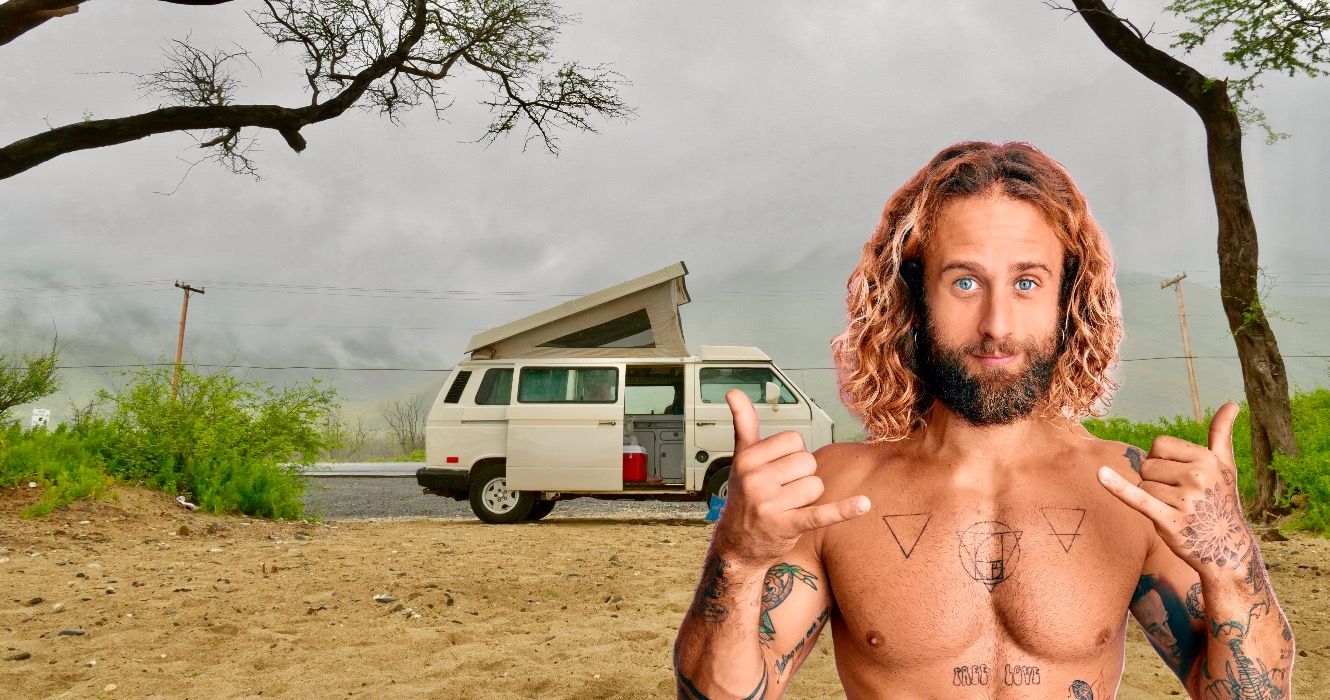 A Volkswagen pop-up campervan is parked at a beach in Hawaii