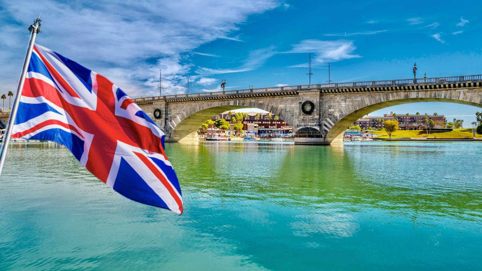 London Bridge over Lake Havasu and turquoise-colored water in Havasu City, Arizona