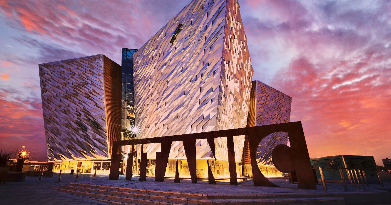 Titanic Museum of Belfast, Ireland at sunset