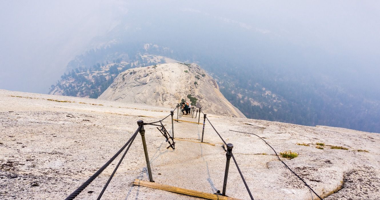 The Half Dome cables in Yosemite National Park, California, CA, USA, one of America's steepest hikes