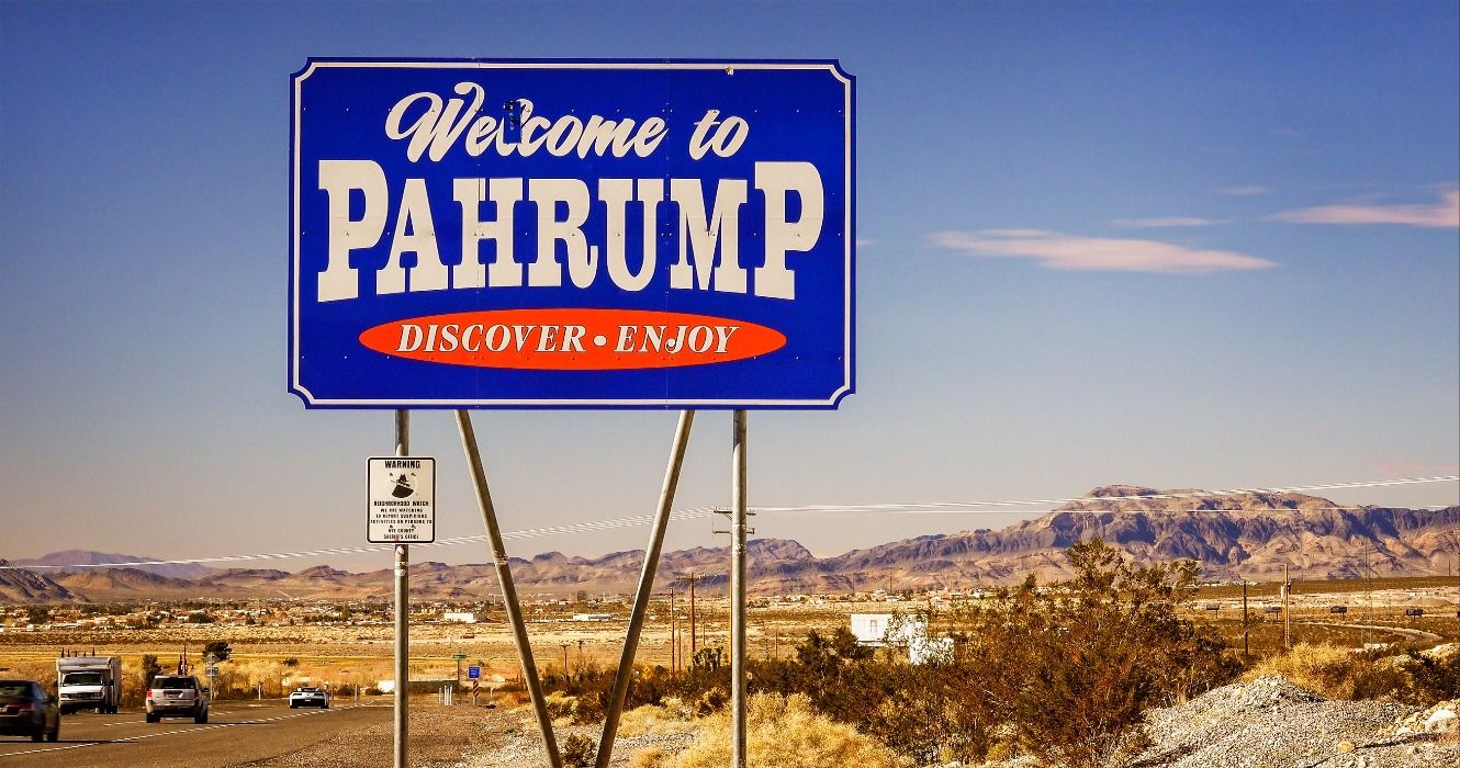 The welcome sign to Pahrump, NV, Nevada, USA, a safe small town near Las Vegas