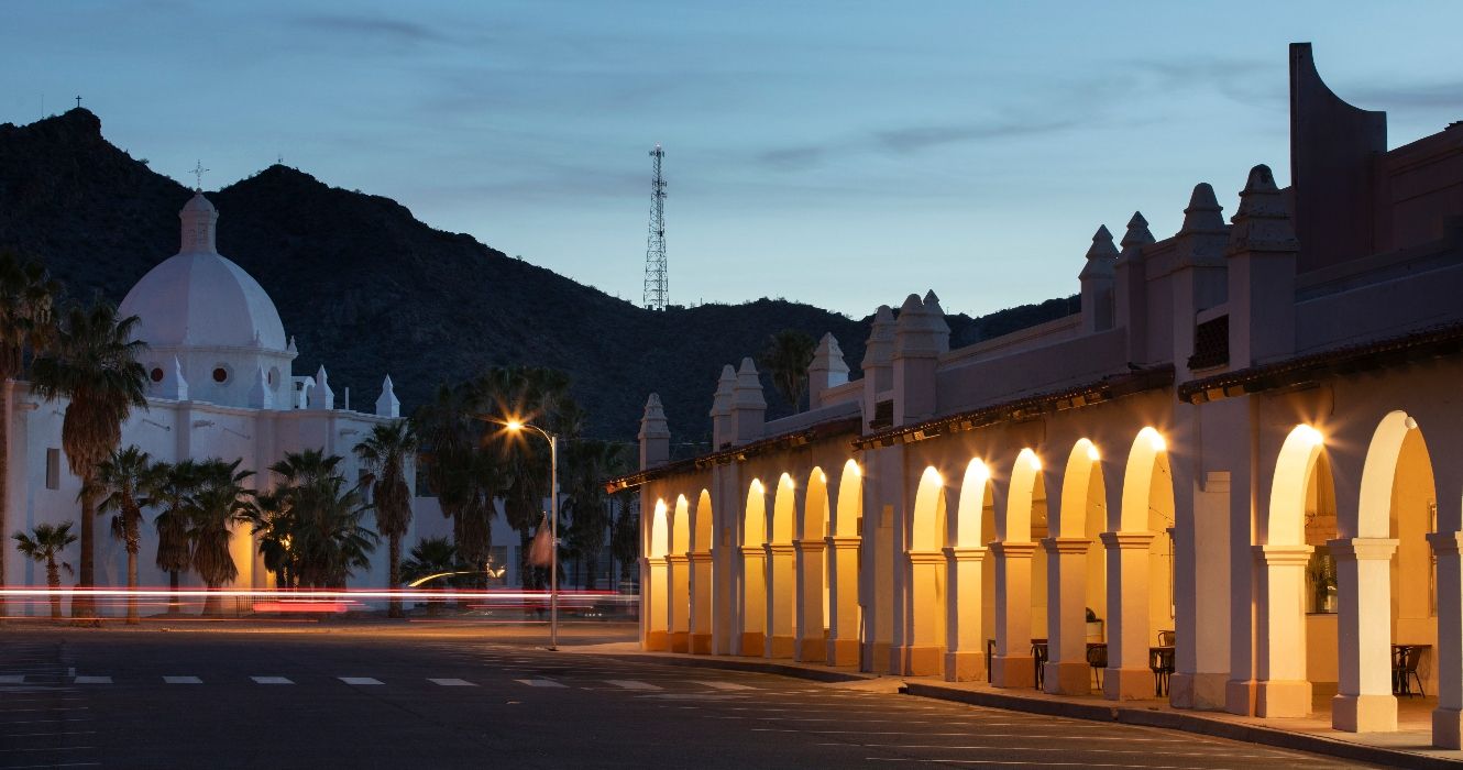 Twilight view of historic structures in downtown Ajo, Arizona, USA