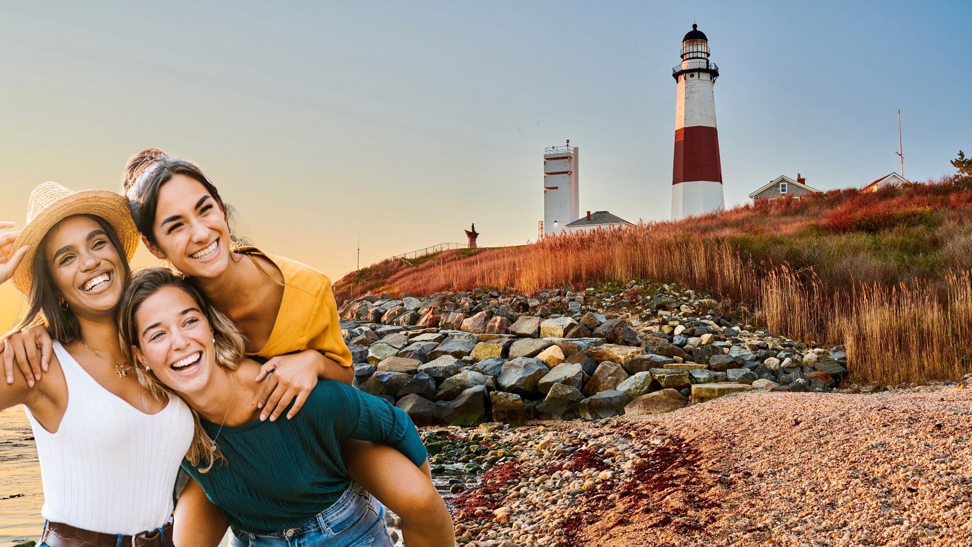 Montauk Lighthouse and beach at sunrise, Long Island, New York, USA.