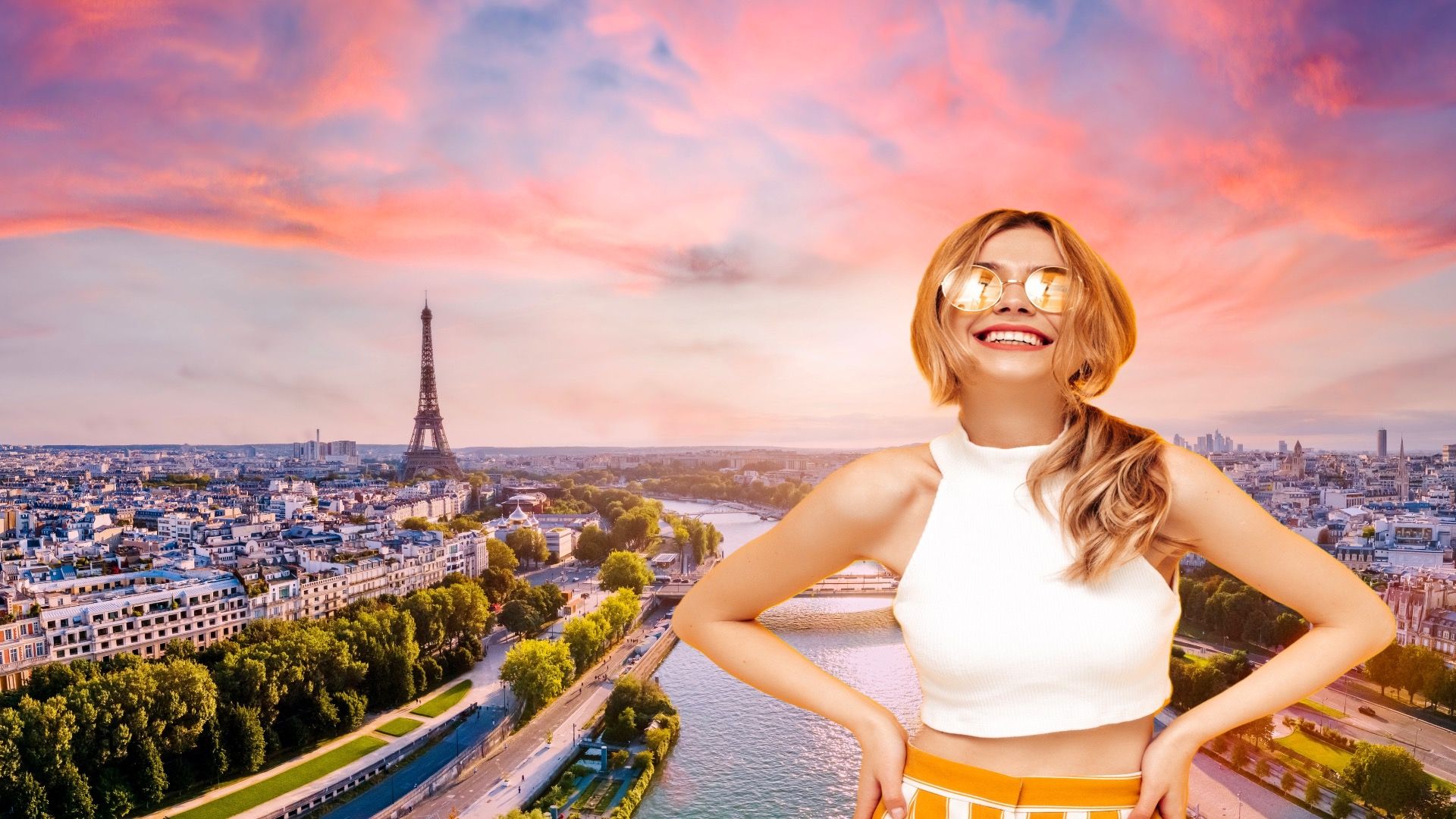 Paris aerial panorama with river Seine and Eiffel tower, France.