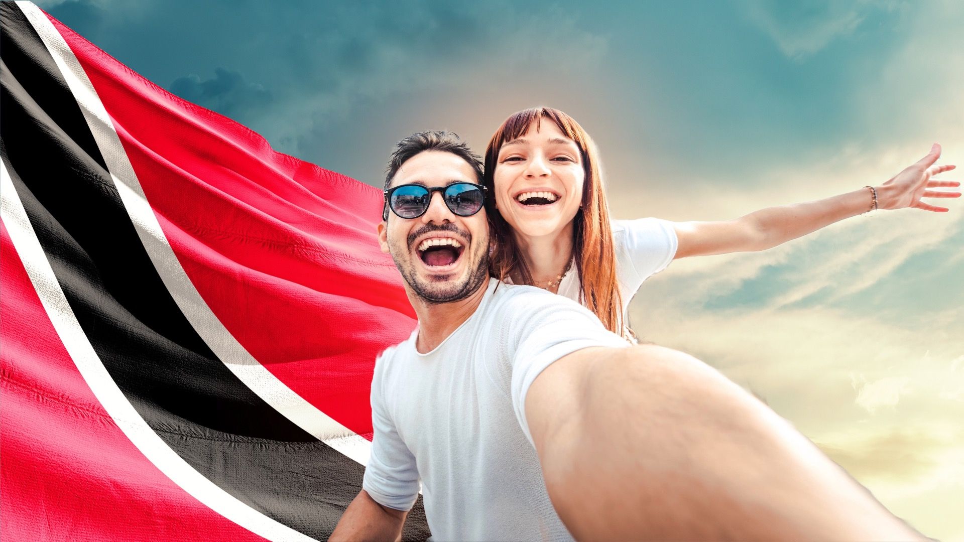 Trinidad and Tobago national flag waving in beautiful sky.